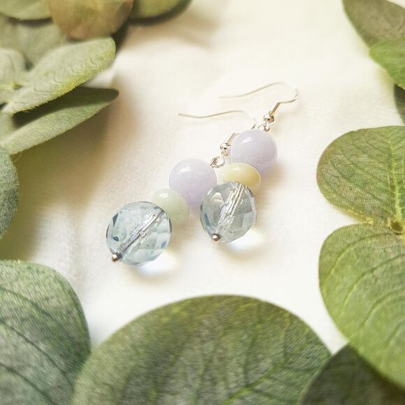 Pastel Aquamarine, Amazonite & Pale Blue Glass Drop Earrings, Fairycore Dangles - Picture 7 of 11